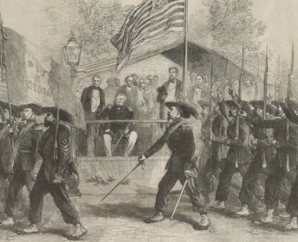 Engraving depicting the Garibaldi Guard marching past President Abraham Lincoln and General Winfield Scott during a Fourth of July review of Union troops in Washington, D.C., in 1861.